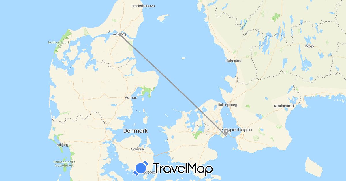 TravelMap itinerary: driving, plane in Denmark (Europe)